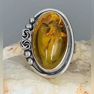 Vintage Designer UTC Sterling Silver 925 Real Amber Large Cocktail Ring Size 9